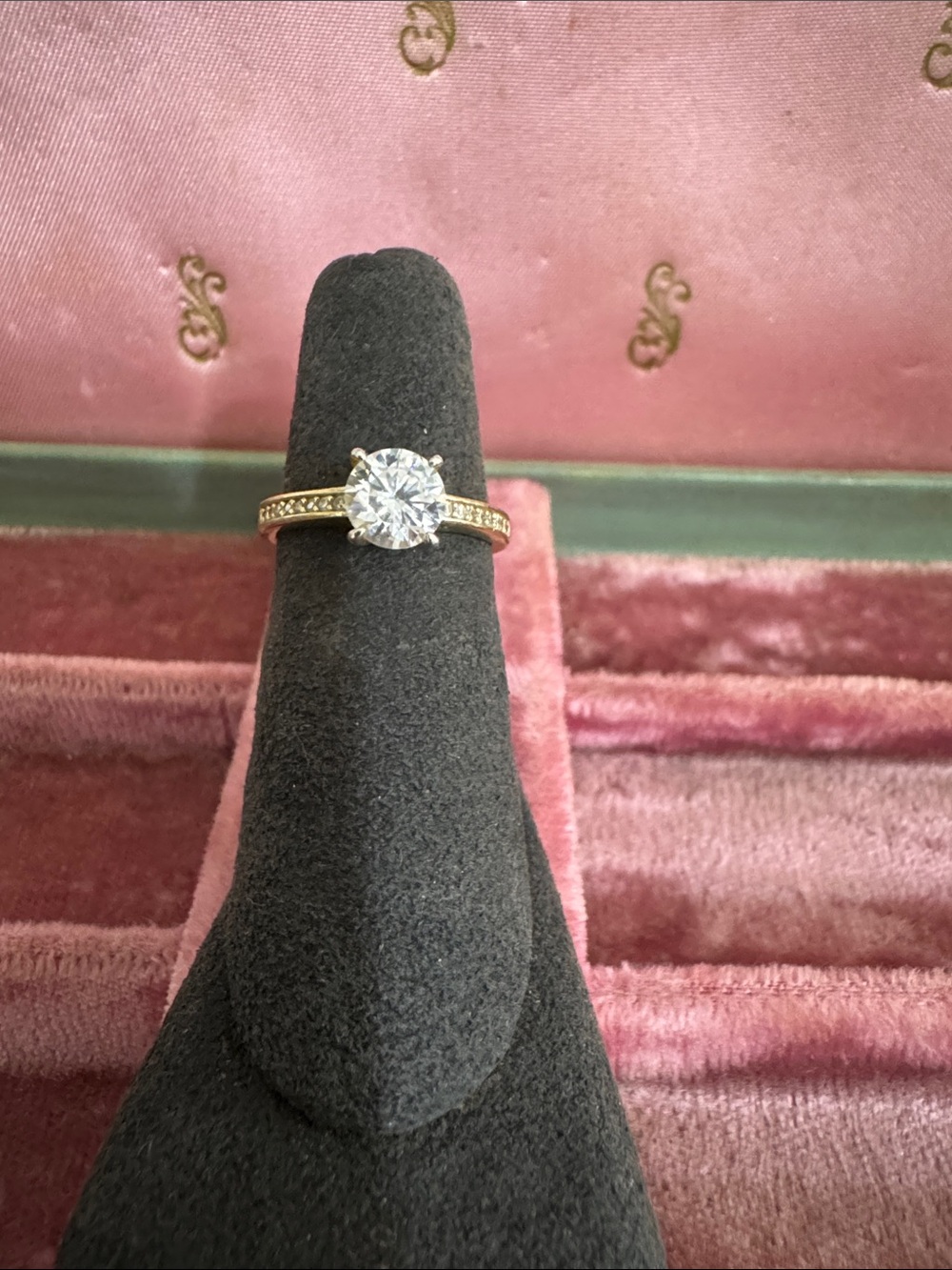 Goldtone over Sterling Size 6.25 Solitaire Ring w/Pavé Band - White Glass Stone